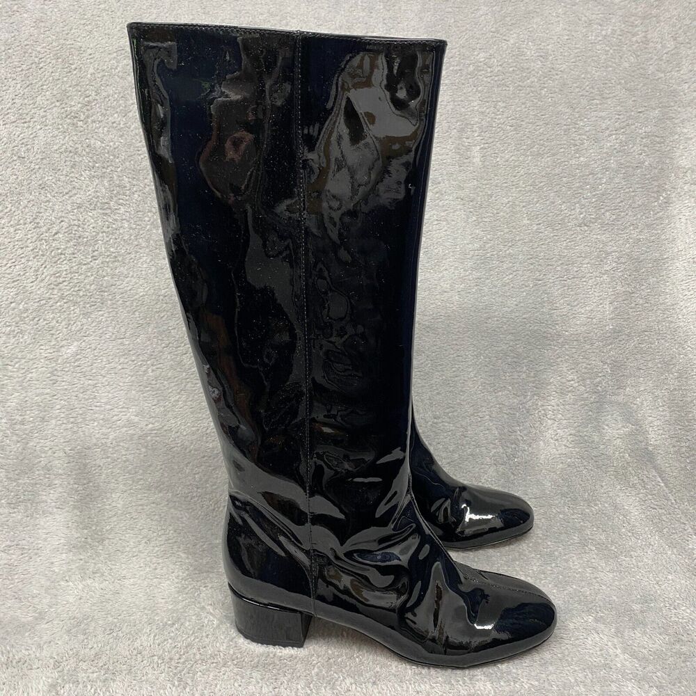 J Crew Boots Womens 7.5 Black Patent Leather Knee High Shiny Block Heel Slip On